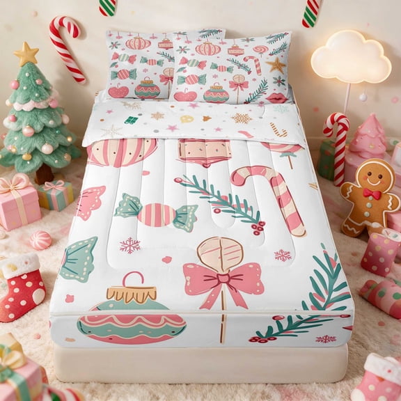 Manfei Ornament Zipper Twin Comforter Sets with Fitted Sheet and 2 Pillowcases Christmas Zipper Bedding Set, Cream Green, Xmas Reversible