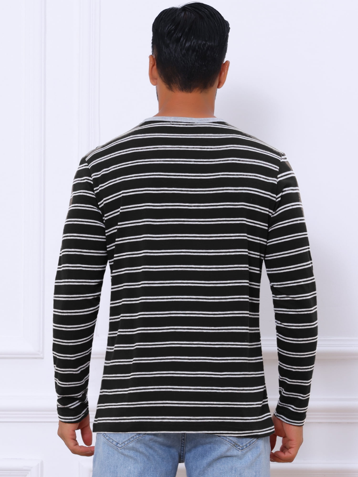 DARING DIVA Men's Long Sleeve Contrasting Colors Striped Henley T-Shirt L Black