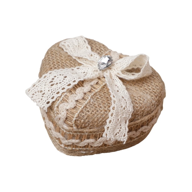 Caja para anillos pequeña en forma de lino con forma de corazón, juego de anillos para ceremonia de boda, caja de almacenamiento de plástico + lino de algodón Tamaño: 9*8*4,5 cm (5930)(5030)