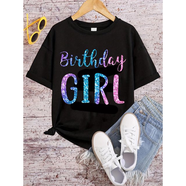 Girls' Casual And Stylish Soft Short-Sleeve T-Shirt for Spring And Summer, Featuring a Simple 'Birthday GIRL' Design, Perfect for Birthday Celebrations.