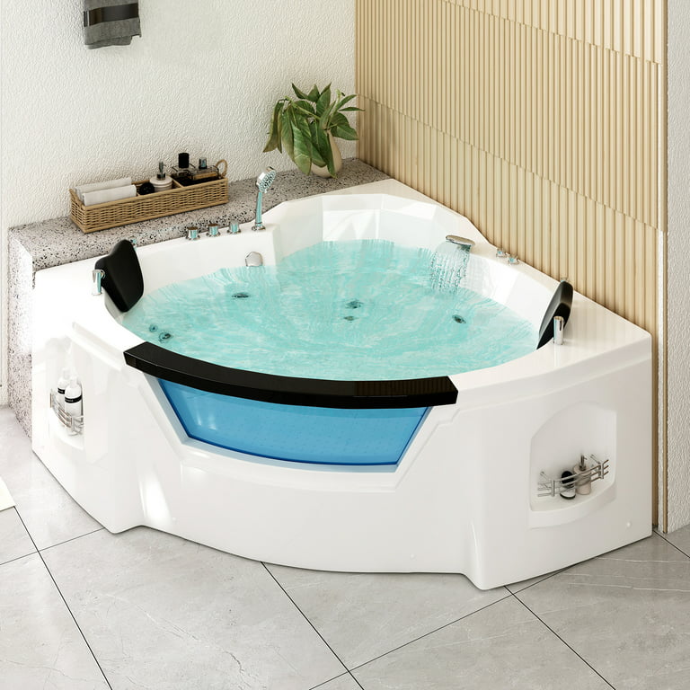 Mjkone Freestanding Whirlpool Bathtub,Spacious Triangle Shaped Back to Wall  Tub,Therapy Massage Soaking Tub with Double Pillows,Elegant White Acrylic  Jet Spa with Powerful Hydro Jets 