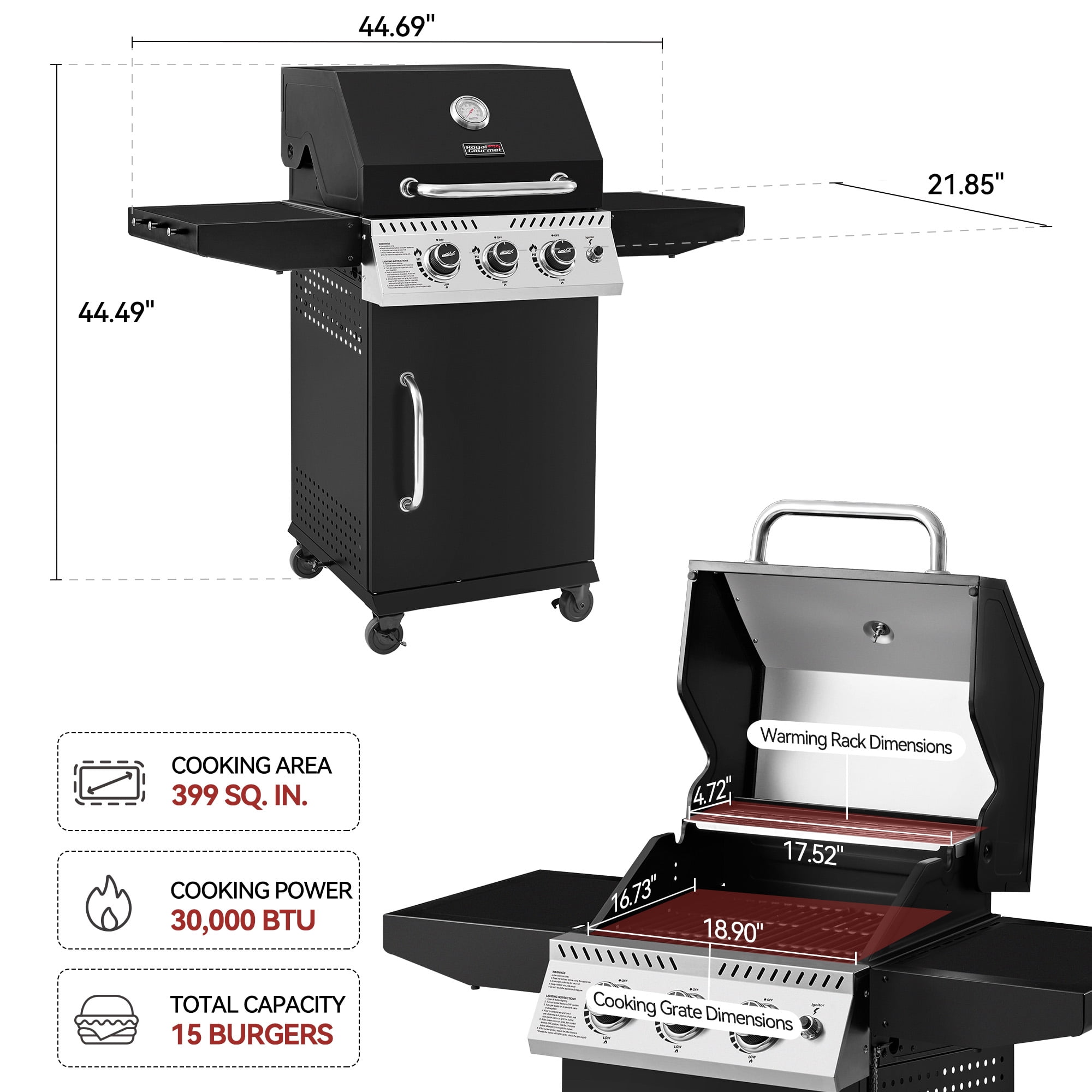 Royal Gourmet GG3001H 3-Burner BBQ Gas Grill,Cabinet Style Gas Grill with Side Shelves and Hooks,for Outdoor, Patio, Backyard and Balcony, Black