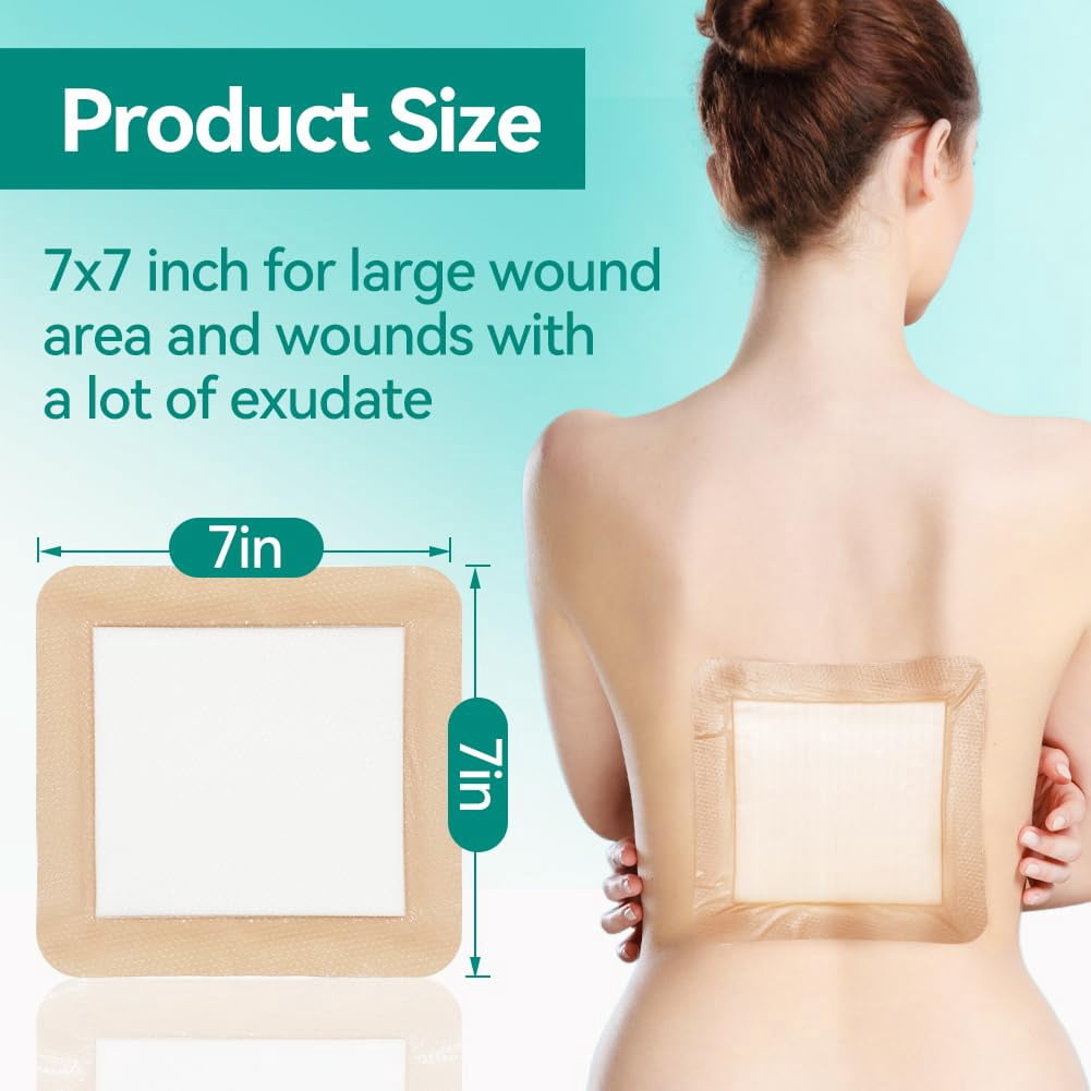 Dimora Silicone Foam Dressing 7"x7", Waterproof Wound Bandage, Adhesive Waterproof Pad, Box of 5 dressing