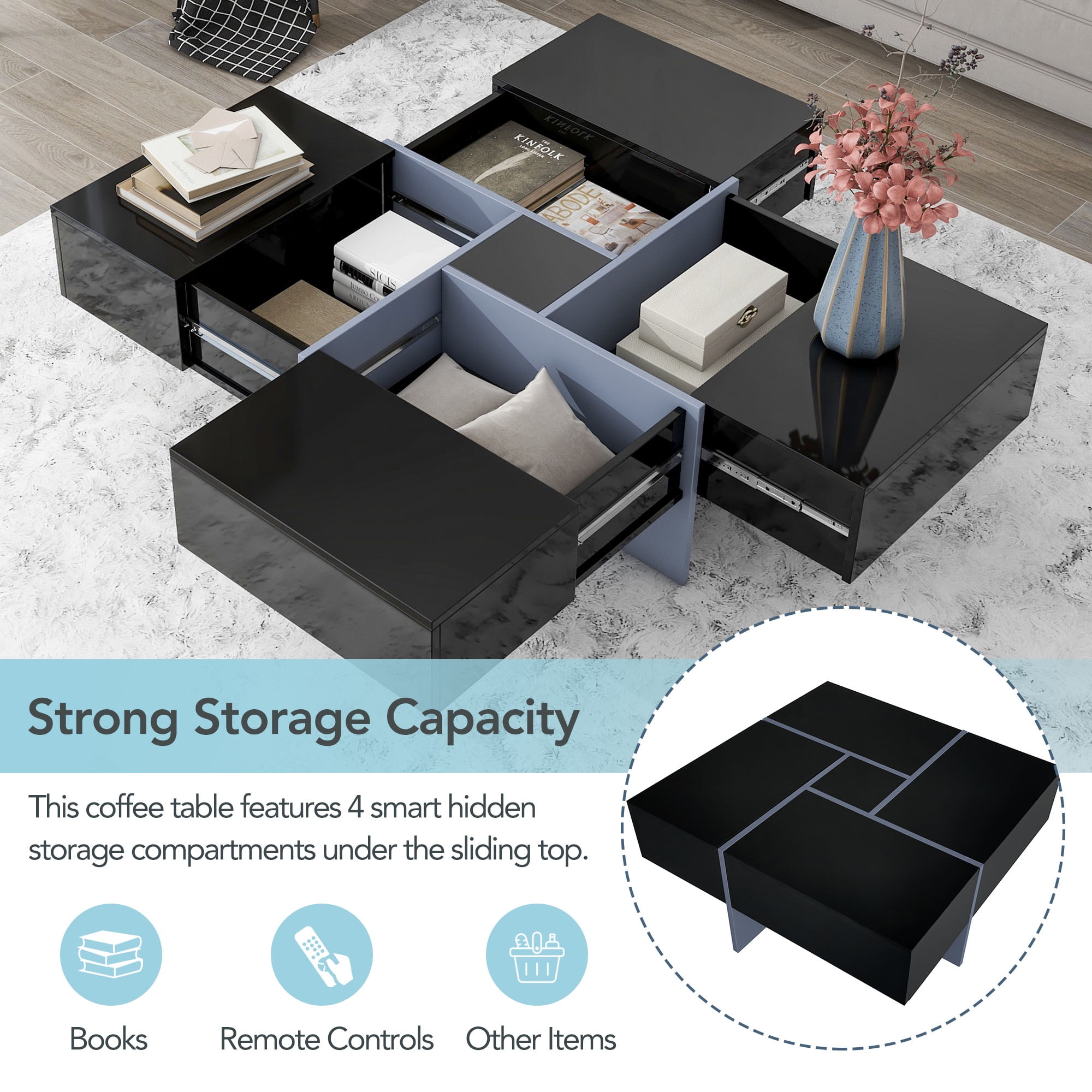 MAYEERTY Unique Design Coffee Table with 4 Hidden Storage Compartments, Square Cocktail Table with Extendable Sliding Tabletop, UV High-Gloss Center Table for Living Room, 31.5"x 31.5",Black