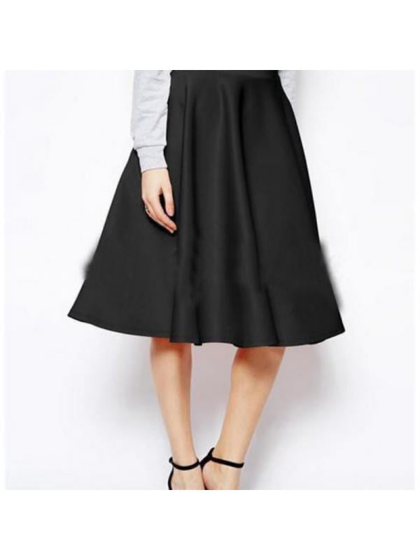 Ladies Plus Size Swing Flared Jersey Plain Black Midi Knee Length Skater Skirts 
