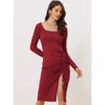 thumbnail image 2 of Vestido Ajustado Allegra K de punto Manga Larga Cuello cuadrado borgoña L, 2 of 5