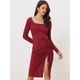 thumbnail image 2 of Vestido Ajustado Allegra K de punto Manga Larga Cuello cuadrado borgoña L, 2 of 5
