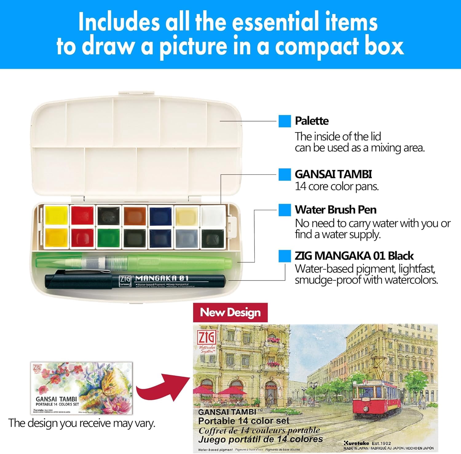 GANSAI TAMBI Portable 14 Colors set, Watercolor Paint Set, Travel kit with Brush, , for Professional, Artists, Crafters, Urban Sketch, Outdoor Sketch, Made in Japan