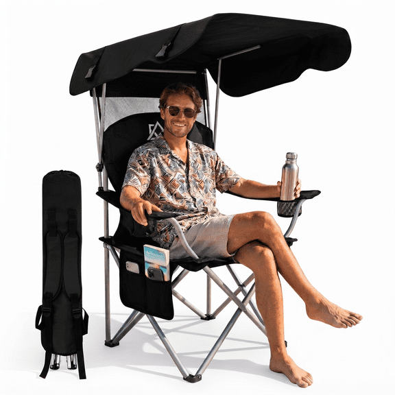 Portable Folding Outdoor Shade Camping Chair, Wide Seat with Breathable Mesh Backrest, Dual Side Cup Holders & Storage Pocket, Equipped with Carry Strap, Foldable Lightweight Lawn Chair for Beach