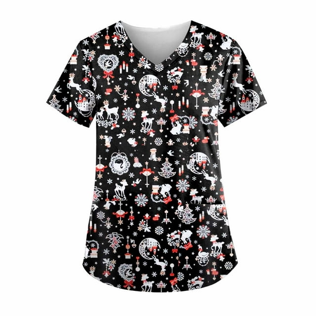 LSLJS Sarraus de Noël pour Femmes Haut de Sarrau Père Noël Extensible Haut de Sarrau Infirmier Chemise Uniforme de Travail Imprimé Blouse à Poche Hauts, Hauts de Sarrau de Noël
