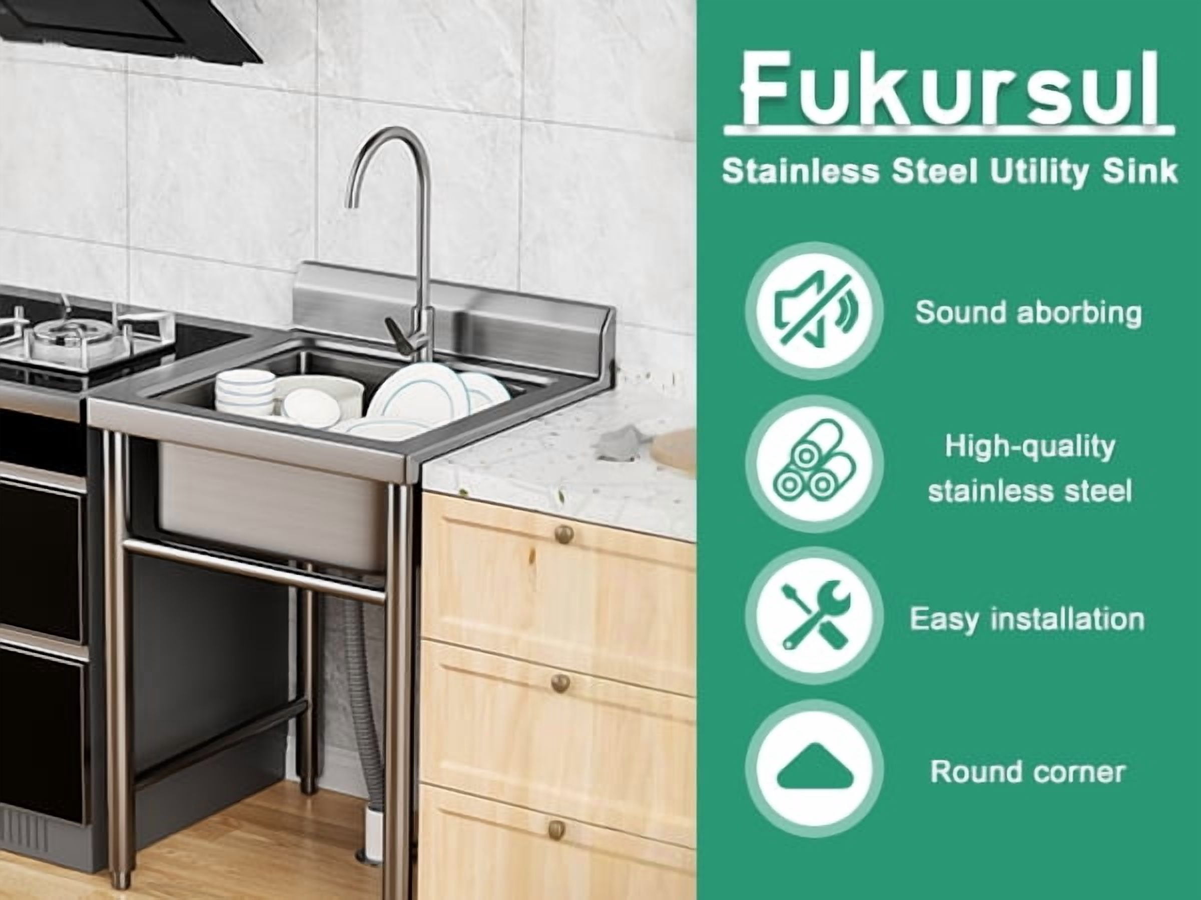 Mohsoe Single Bowl Laundry Sink 24 x 24 x 37 Inch, Freestanding Stainless Steel Utility Sink with Detachable Filter Basket, 8.7 Inch High Baffle, for Bar Restaurant Garden