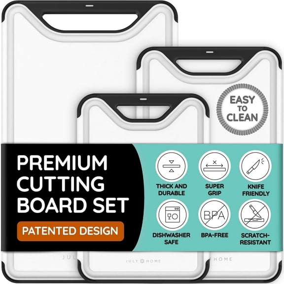 𝐁𝐏𝐀-𝐅𝐫𝐞𝐞 Cutting Boards for Kitchen - Plastic Cutting Board Set of 3, Dishwasher Safe Cutting Boards with Juice Grooves, Thick Chopping Boards for Meat, Veggies, Fruits, Non-Slip (Black)