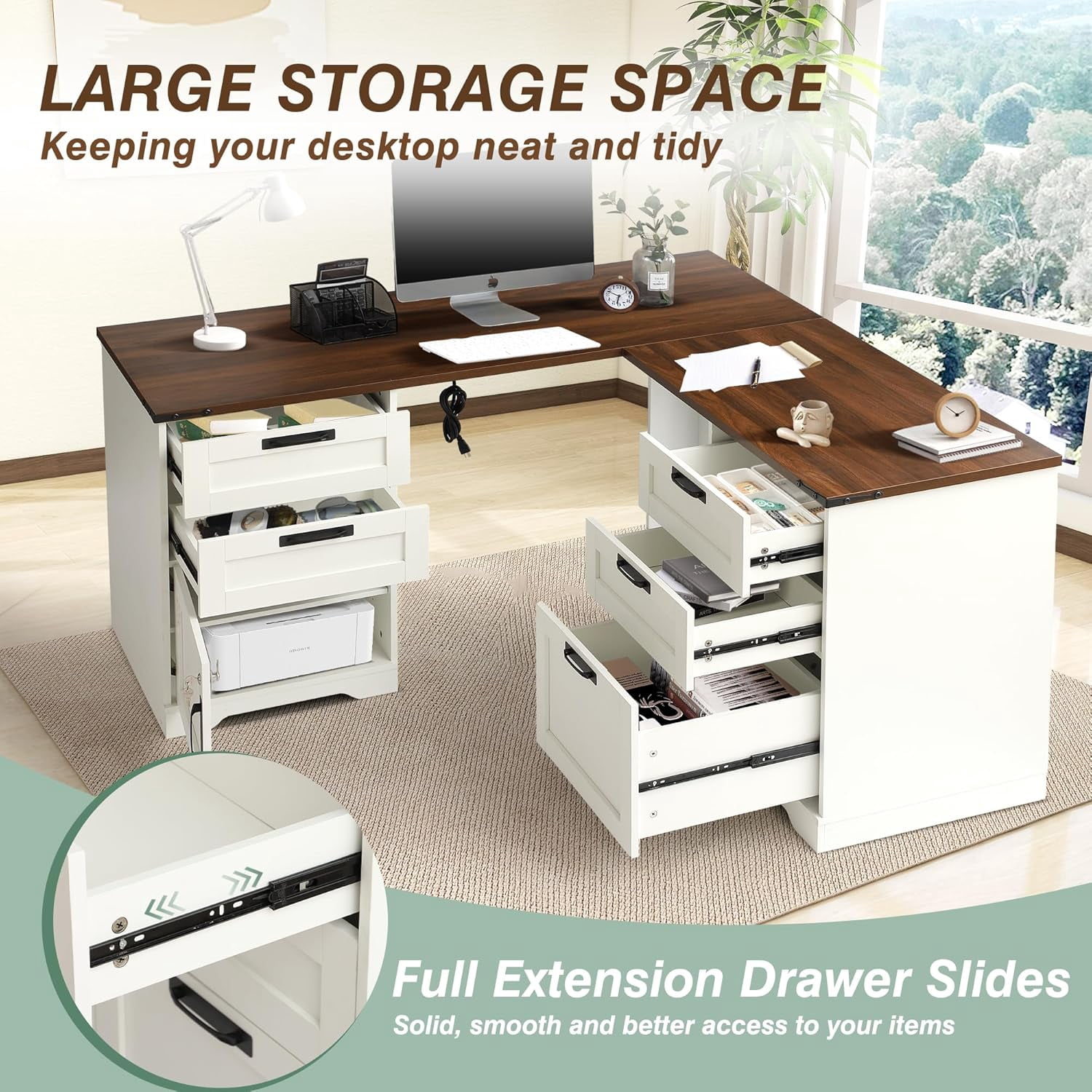 TITIMO 60" Executive L Shaped Desk with Drawers, Farmhouse Home Office Desk with Charging Station, Wood Corner Computer Desk with File Cabinet, Writing Computer Desk for Work and Study (Brown)