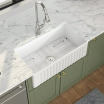 33 Inch Large Rectangular White Ceramic Farmhouse Apron Sink Single Bowl Undermount Porcelain Kitchen Sink with Bottom Grid and Drain Assembly Combo