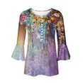 thumbnail image 4 of Womens Tops Ladies Top Floral Print V-Neck Short Sleeve Button T-Shirt Beige L, 4 of 5