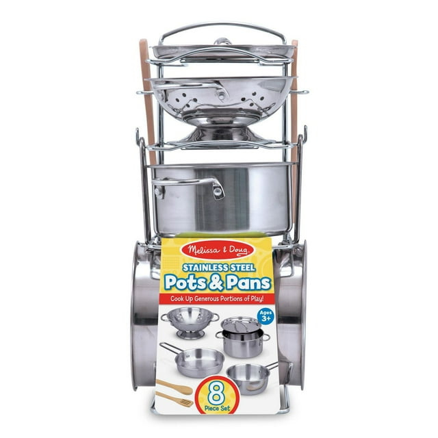 Melissa & Doug Stainless Steel Pots and Pans Pretend Play Kitchen Set for Kids (8 pcs)