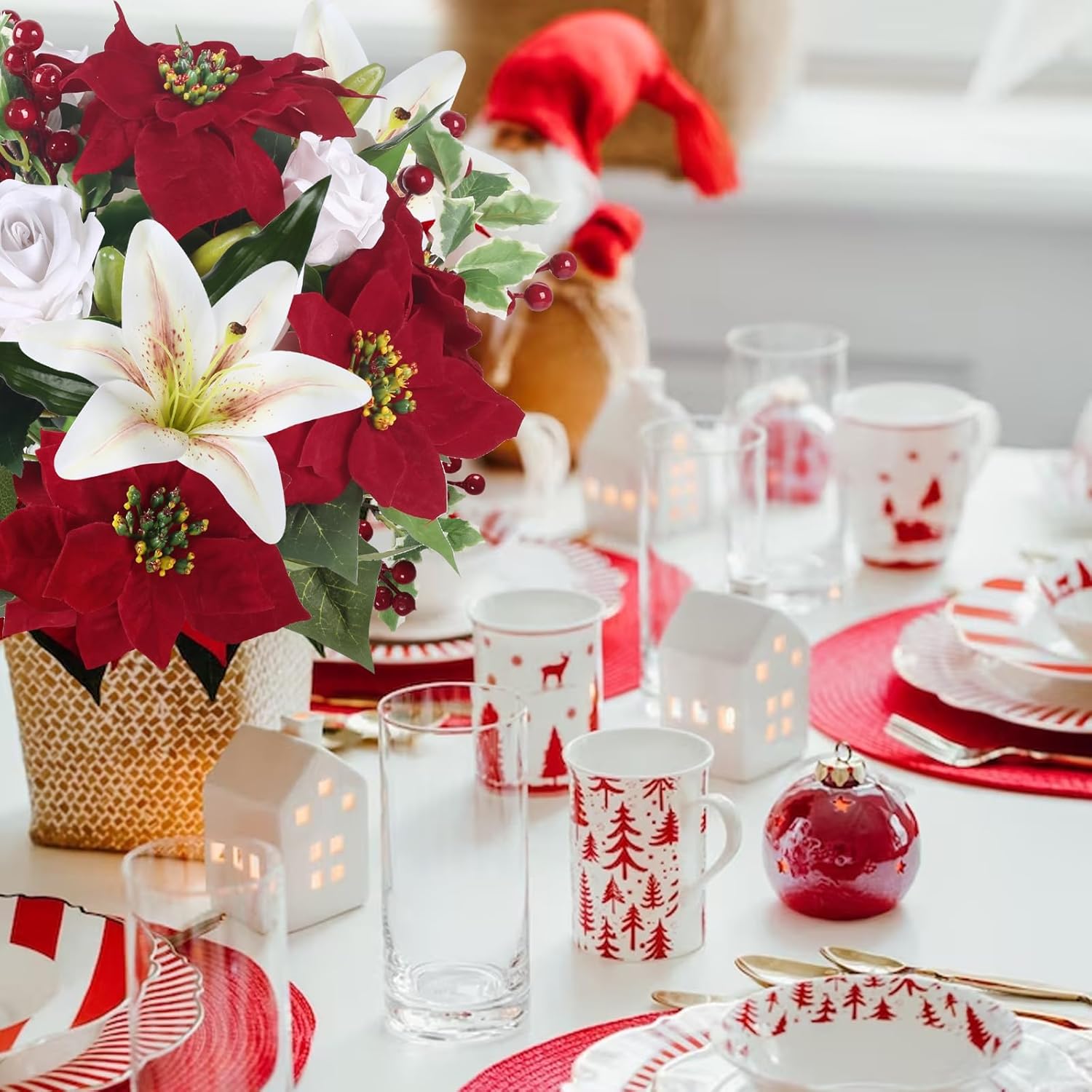 Artificial Poinsettia Bouquet Flowers Head Christmas Flowers Silk Floral Arrangement Lily Rose with Red Berries for Porch Home Table Decor Indoor Outdoor Xmas Holiday Party