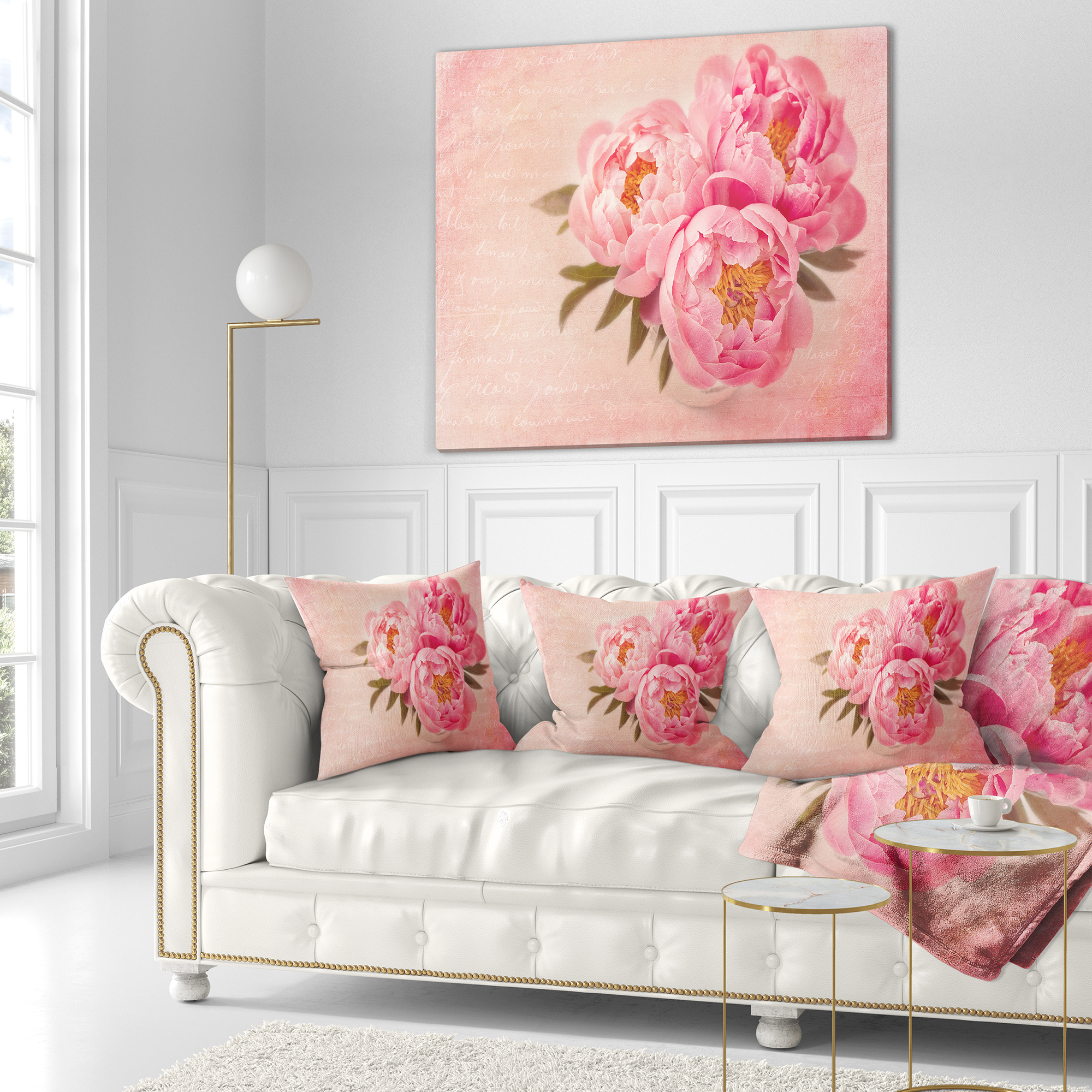 Designart Peony Flowers against Scribbled Back - Floral Throw Pillow - 16x16
