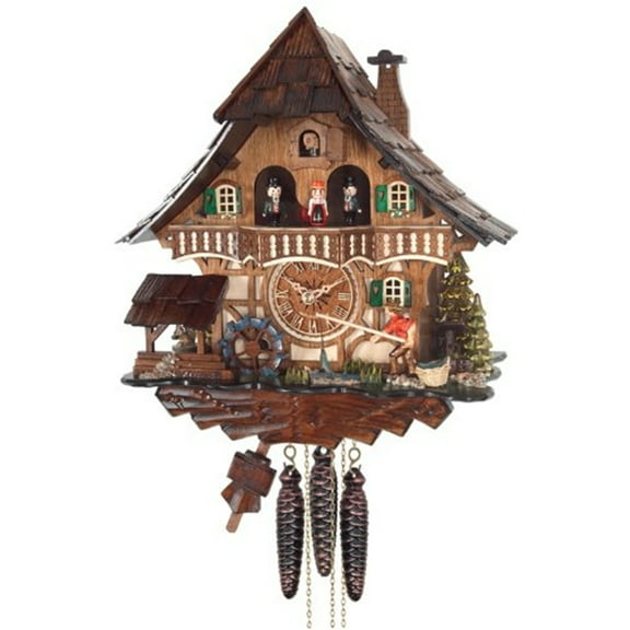 River City Cuckoo MD416-13 One Day Musical Cuckoo Clock Cottage - Fisherman Raises Pole and Moving Waterwheel