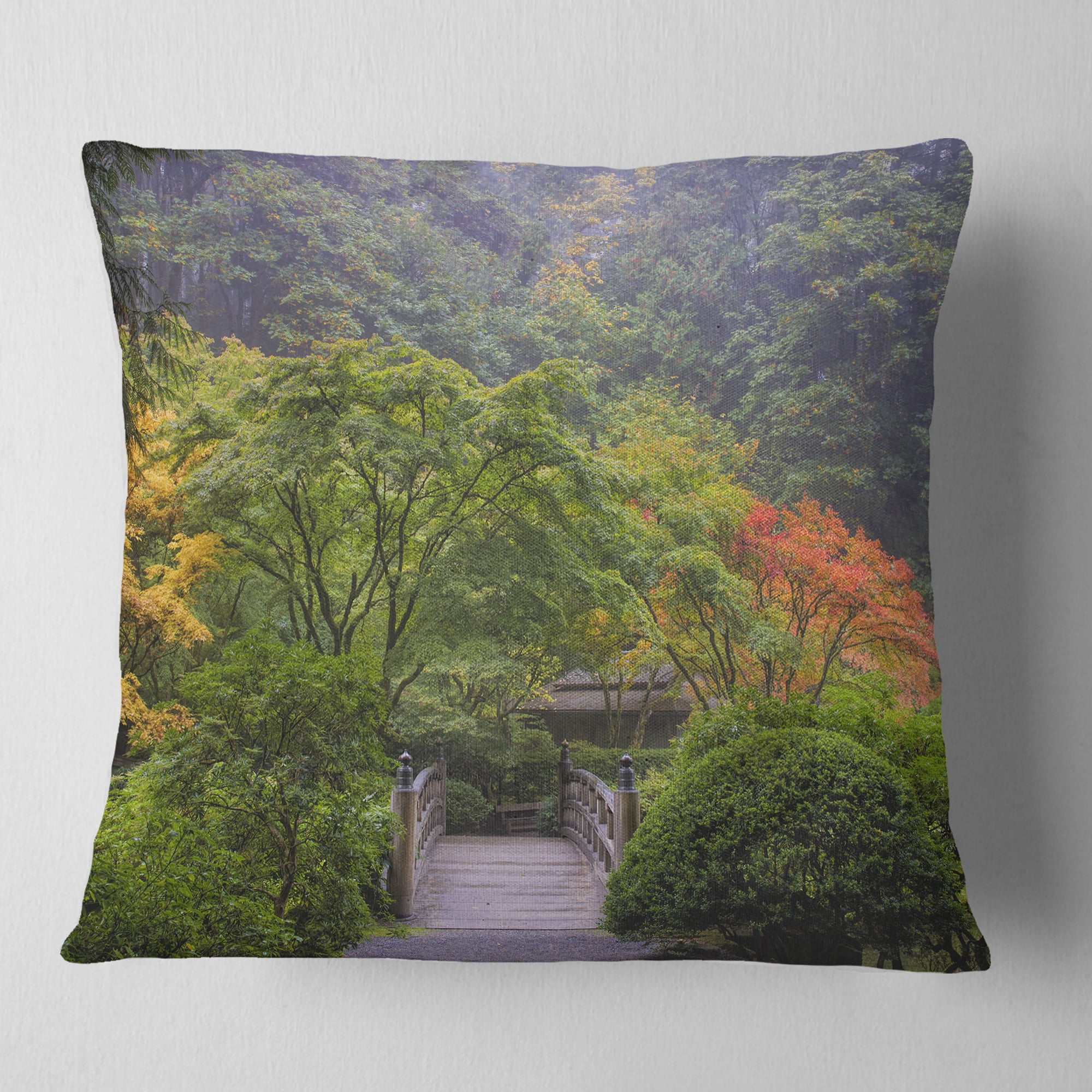 Designart Foggy Dawn in Japanese Garden - Landscape Photography Throw Pillow - 18x18