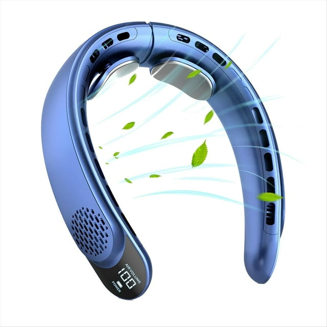 Ventilador de Cuello Recargable, Ventilador Personal con Pantalla LED, 3 Velocidades con Batería de 4000 MAh, para Mujeres, Hombres, Viajes, Exteriores, Azul