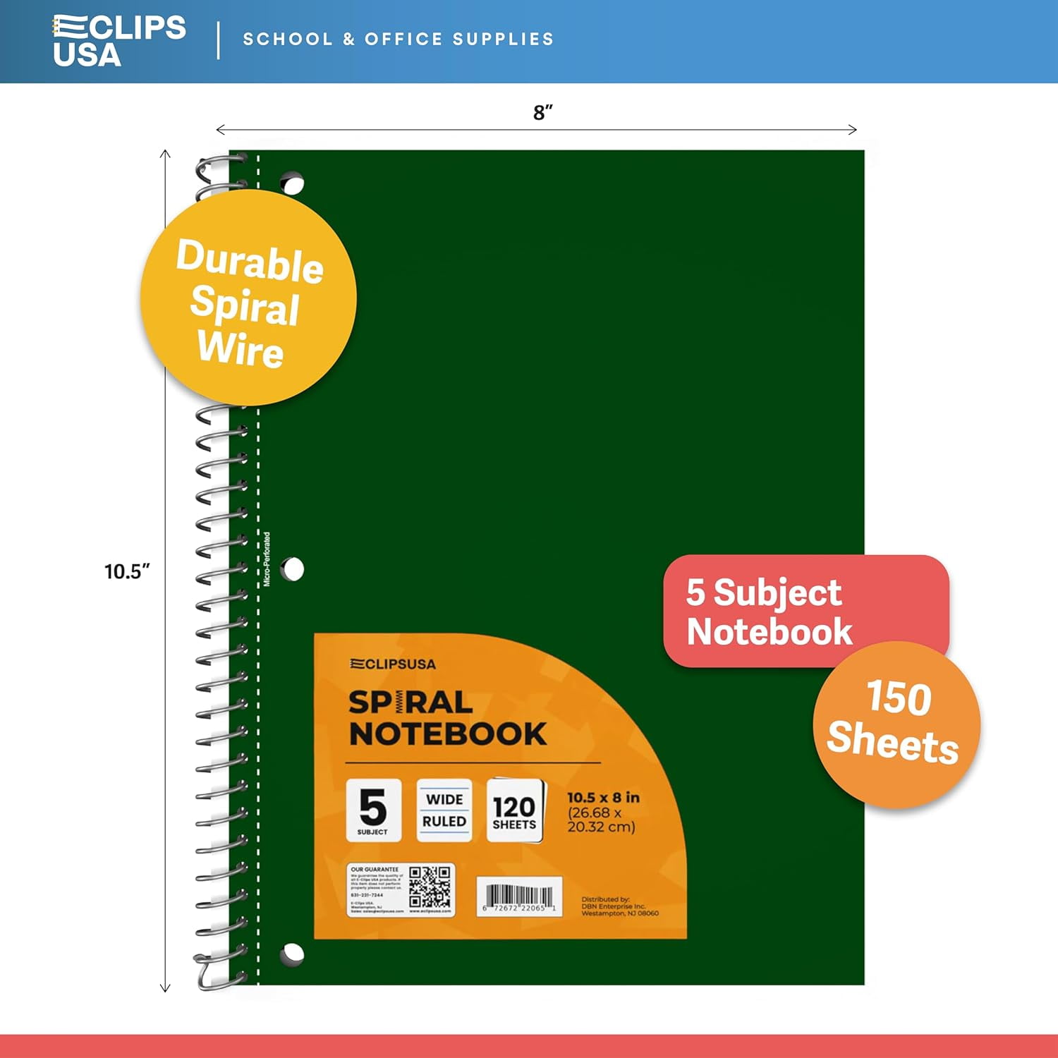 E-Clips USA 150-Sheet 5-Subject Wide Ruled Spiral Notebook with 2 Pocket Divider, 8.5” x 11”, 12-Pack
