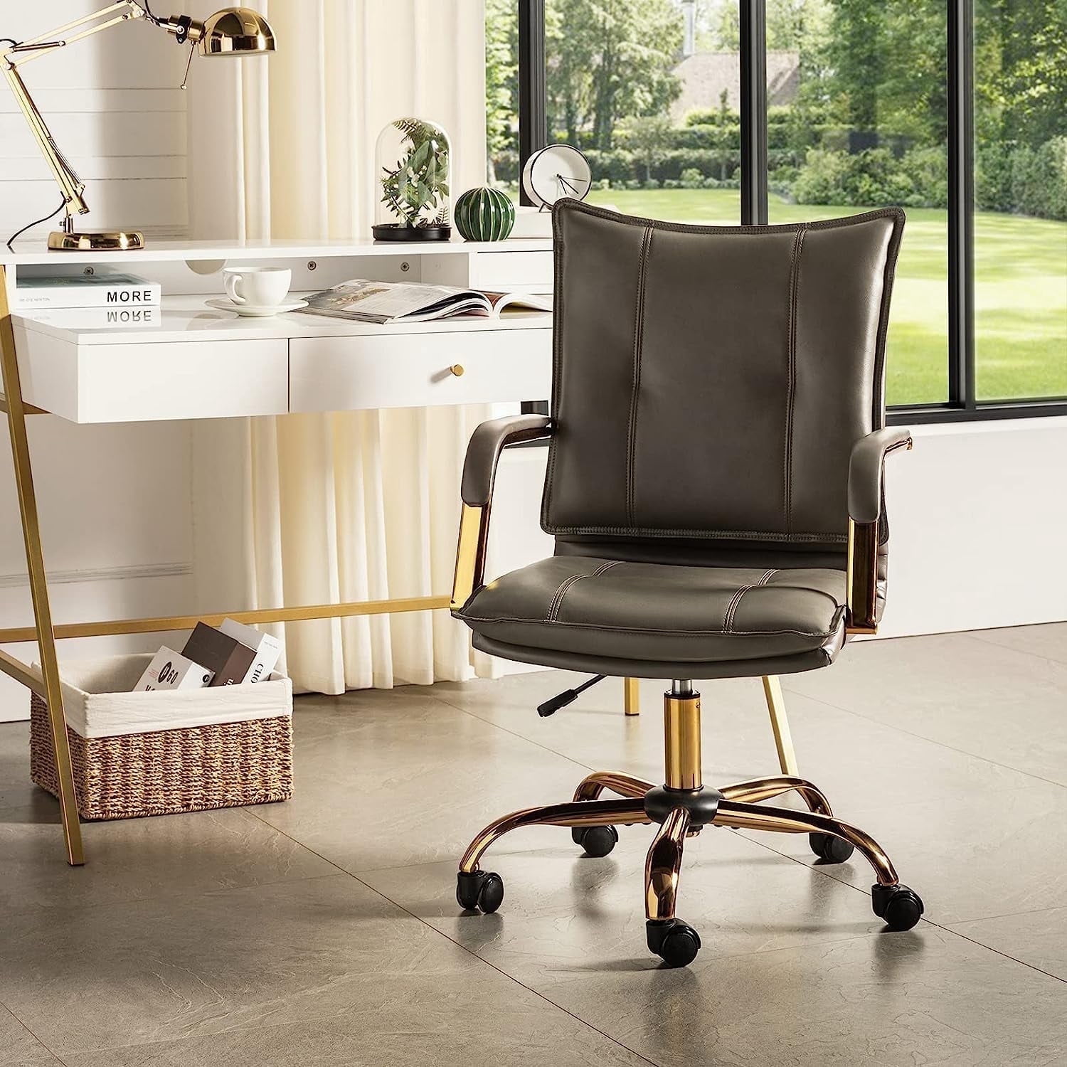 Faux Leather Office Chair Adjustable Swivel Desk Chair with Golden Legs and Arms Upholstered, Grey
