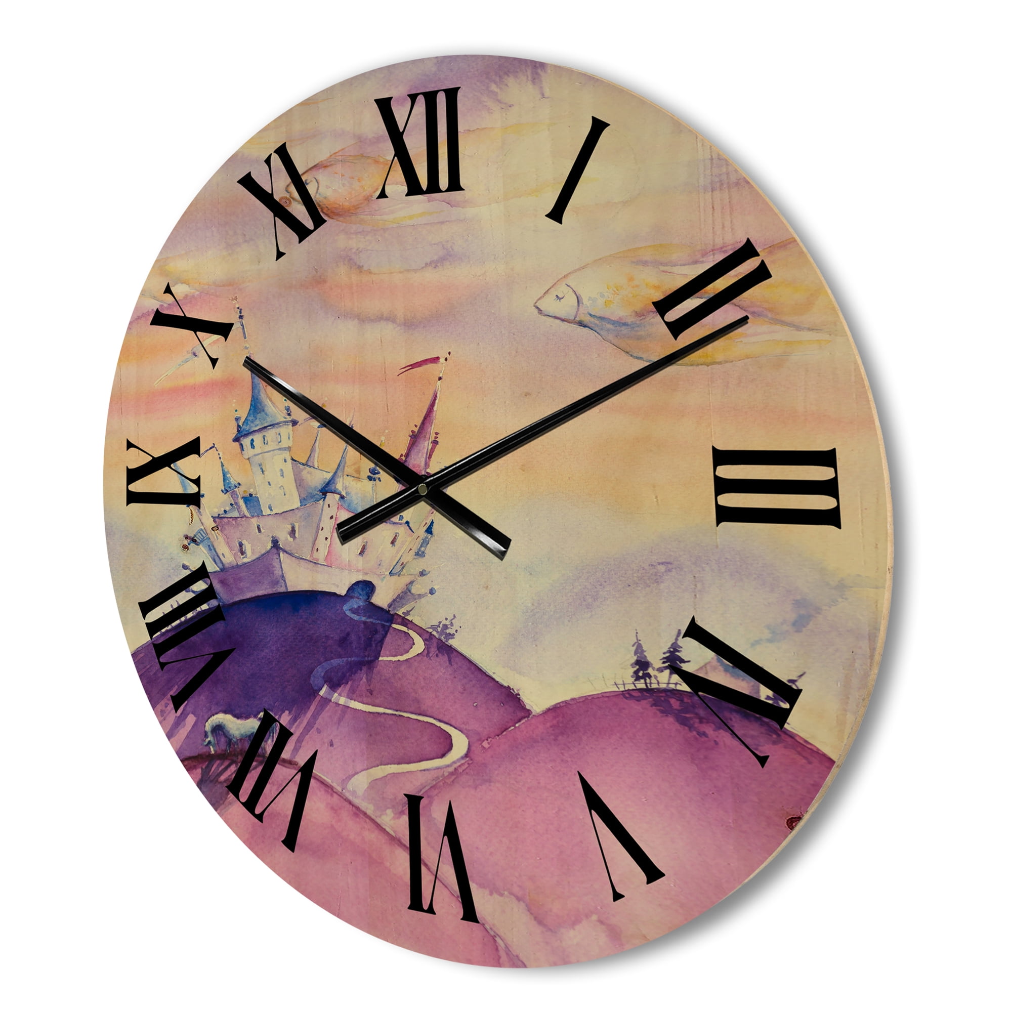 Designart 'Fairy Tale Kingdom Palace On Purple Mountain Top' Children's Art Wood Wall Clock
