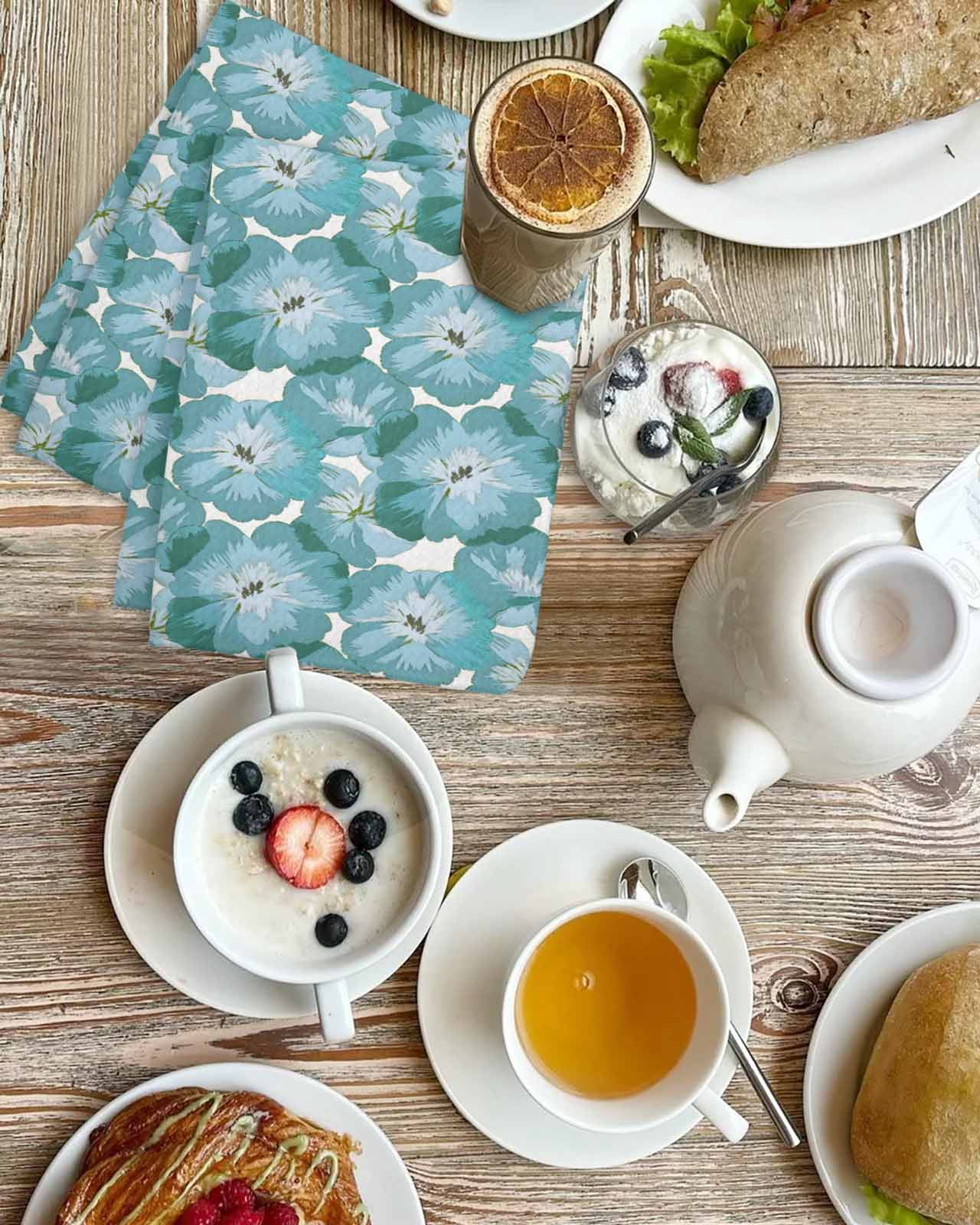 Summer Turquoise Flower Kitchen Dish Towels for Drying Dishes Set of 2, Spring Floral Botanical Rustic Waffle Weave Microfiber Terry Hand Tea Bathroom Towels Quick Dry & Absorbent Towel 15.7x23.6