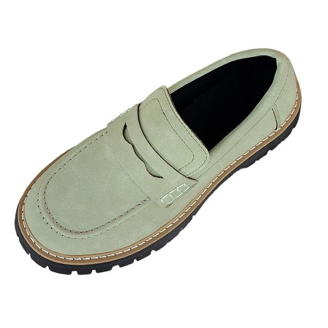 Mocassins Verts pour Femmes, Bout Rond Givré, Talon Épais, Hauteur Moyenne, Chaussures pour Tenue Décontractée et Courses