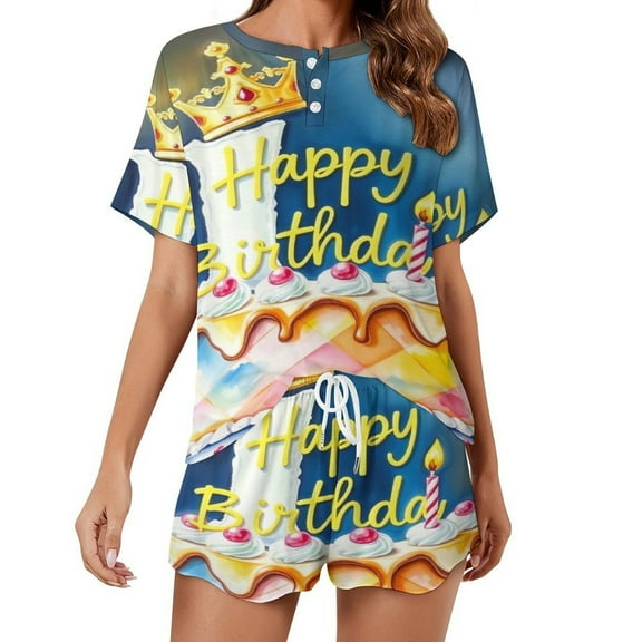 Women Pajamas Set Happy Birthday Cake Homewear Two-Piece Short-Sleeved Short