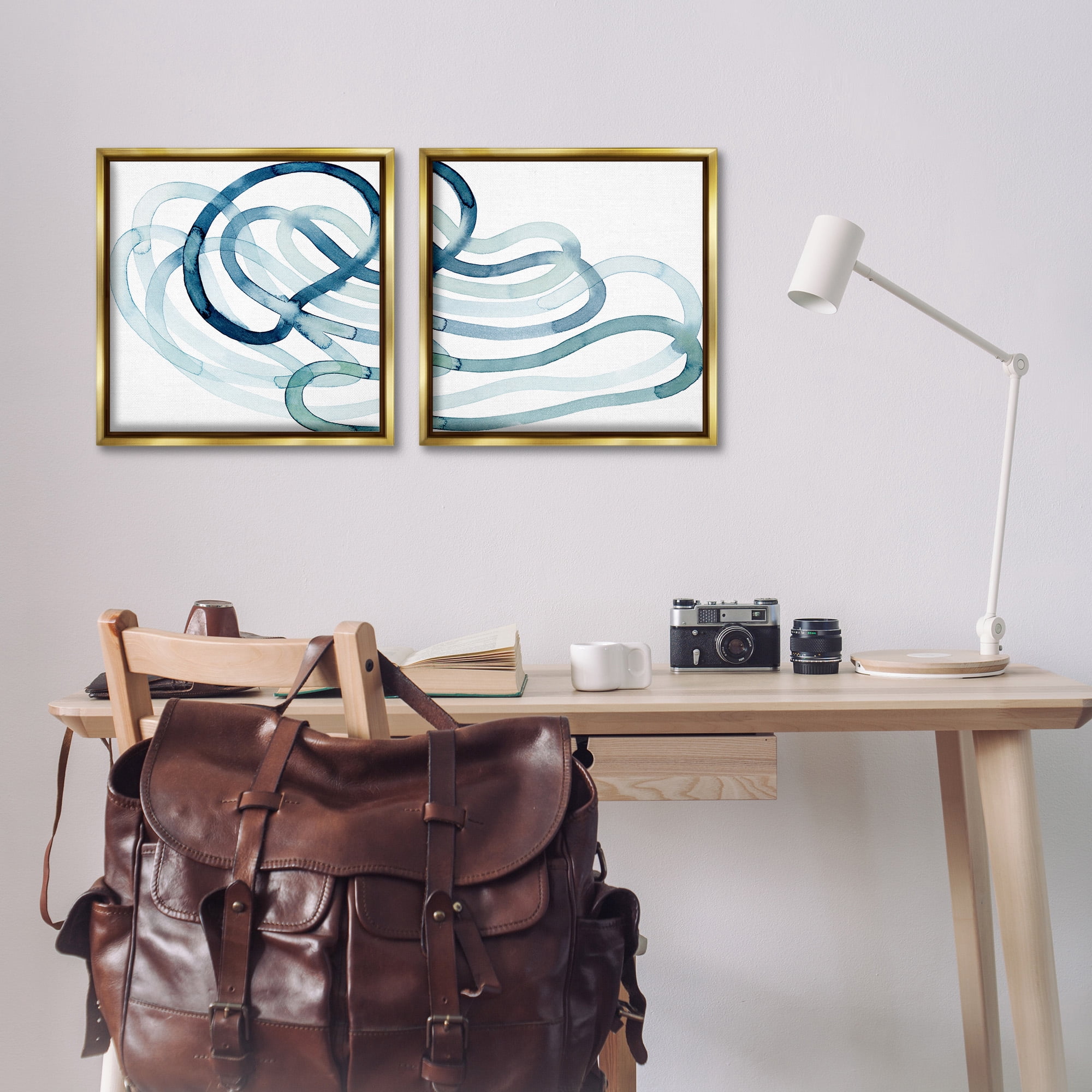 Stupell Industries Lively Organic Abstract Line Abstract Painting Gold Floater Framed Canvas Art Print Wall Art, 18 x 18, Set of 2