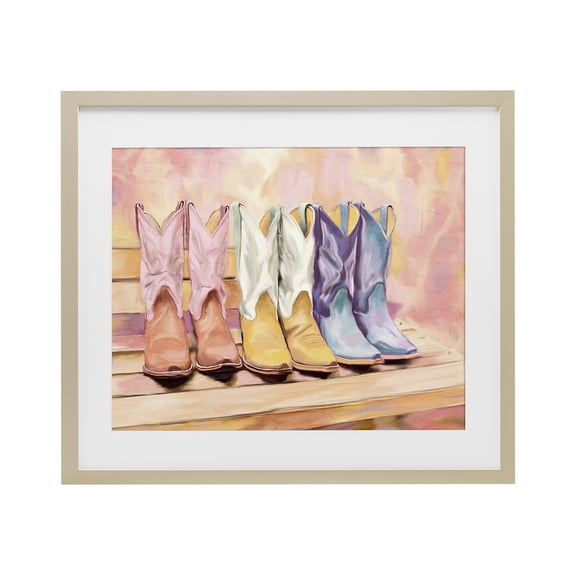 Painted Boots Trio Birch Framed Print Under Glass, design by Kim Allen