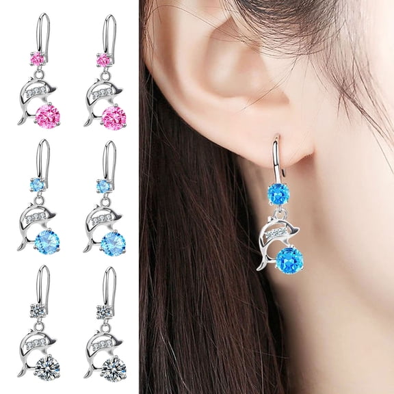 SmartBy 1 Pair Korean Style Hook Earrings Dolphin Design Shiny Rhinestones Drop Earrings Women Mid-length Earrings