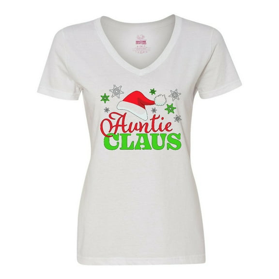 Inktastic Auntie Claus with Christmas Santa Hat and Snowflakes Women's V-Neck T-Shirt