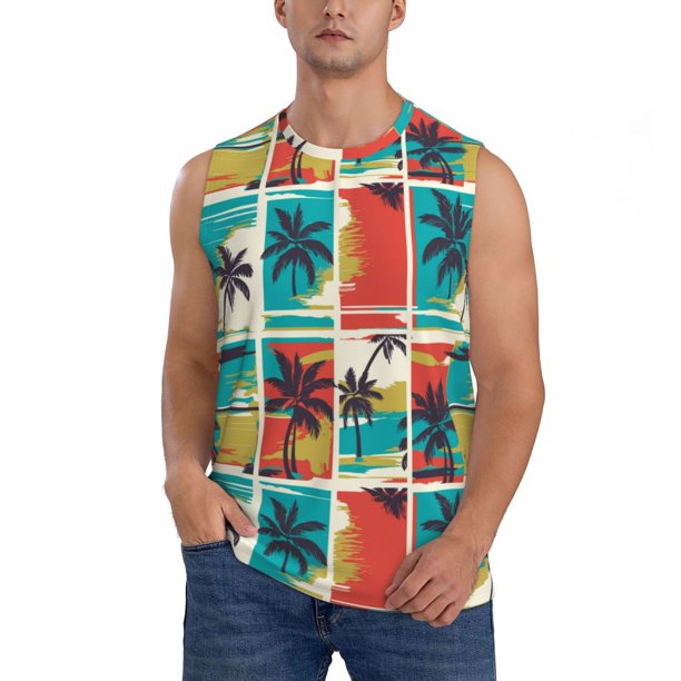 Balery Colorful Hawaii Palms Camisetas sin mangas para hombre, absorbe la humedad y protege contra el mal olor.-Small