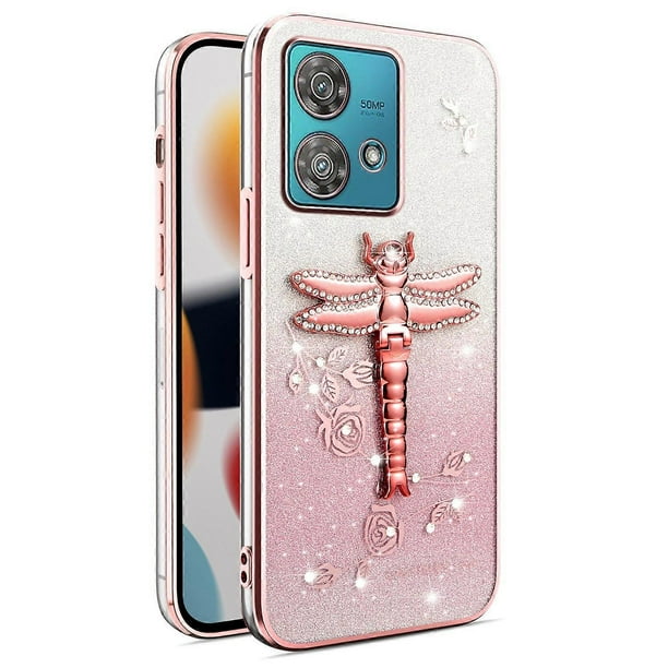 KADEM For Motorola Edge 40 Neo 5G Case Dragonfly Kickstand TPU Flowers Glitter Phone Cover - Purple