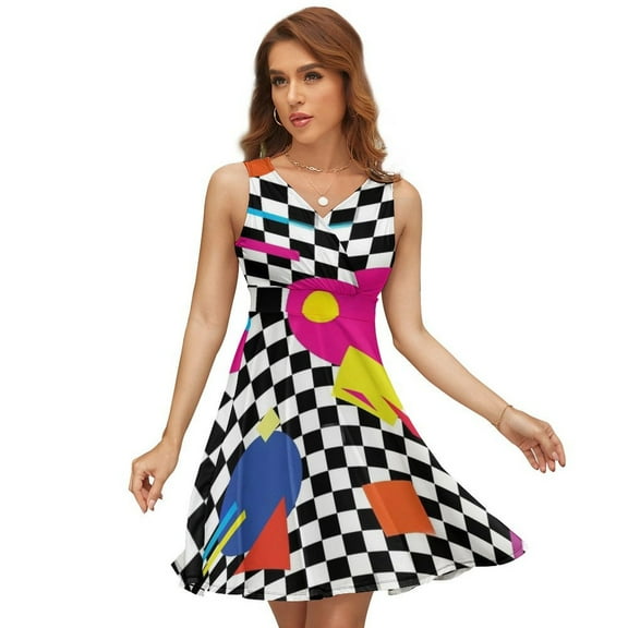 Retro Classic 1980s Shapes On Black And White Check Dress Fashion Beach Long Dresses Female Party Printed Sundress