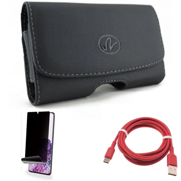 Privacy Screen Protector w 6ft USB-C Cable w Case Belt Clip for Samsung Galaxy S20 Plus - TPU Film [NOT GLASS] [Fingerprint Works], Red Charger Cord Power, Leather Swivel Holster fits Galaxy S20 Plus