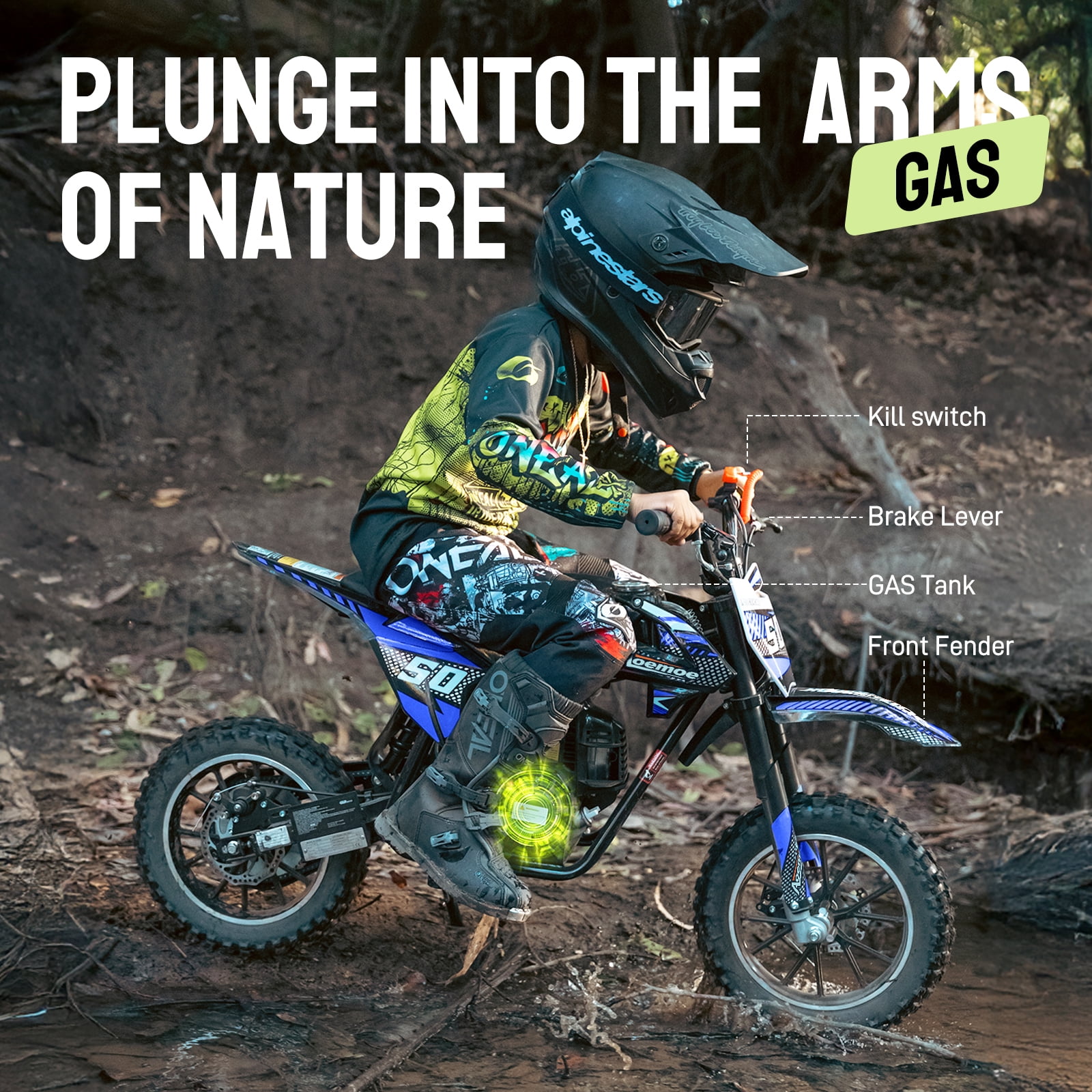 LiltJan 39CC Kids Dirt Bike, 4-Stroke Off Road Mini Motorcycle, 55lbs Lightweight Design with 165lbs Max Capacity, Gas Powered Trail Bike for Beginners with Dual Suspension