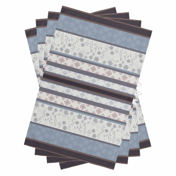 Blue Brown Stripes Kitchen Towels Set of 4, Water Absorbent Dish Towel, Abstract Geometric Spring Flowers Country Decorative Hand Towels - Quick Drying Cloth for Cooking Baking, 18x28 Inch