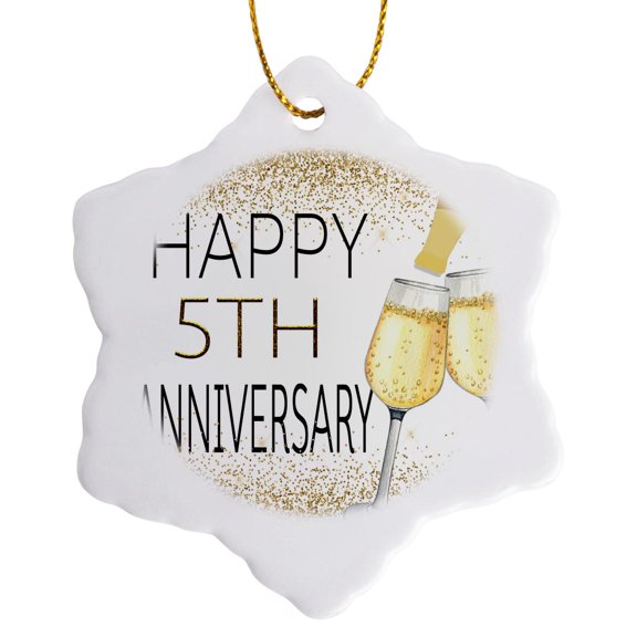 3drose, Happy 5th Anniversary Image of Gold Champagne Glasses, 3 inch Snowflake Porcelain Ornament