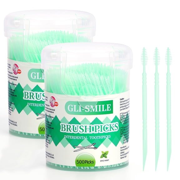 BrushPicks Interdental Toothpicks, Soft Interdental Brushes and Dental Floss Picks 2-in-1, Teeth Plaque Remover 1000 Toothpicks, Mint, 2 Pack