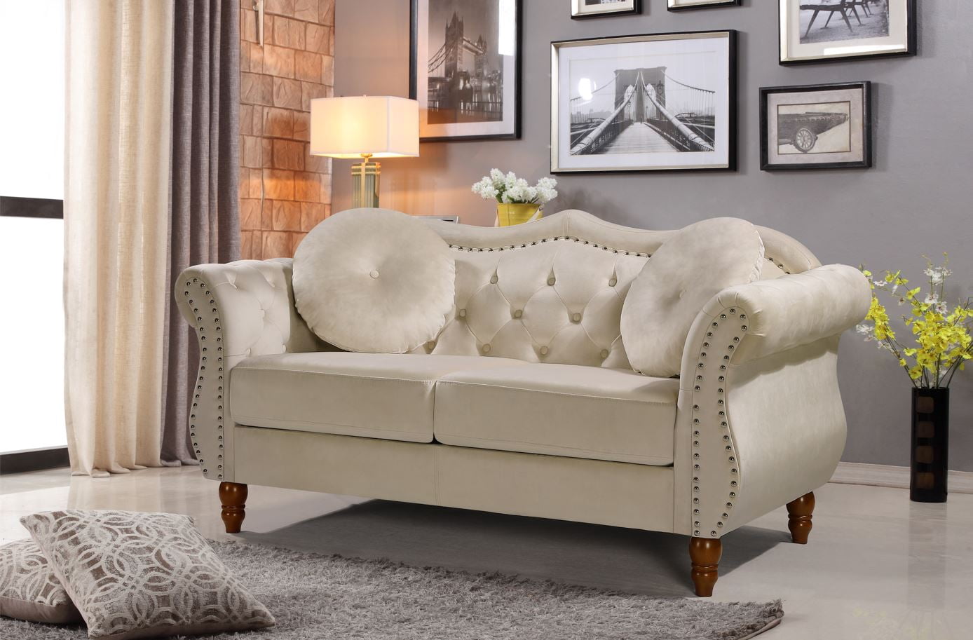 Uspridefurniture Tommy Chesterfield Velvet Loveseat,Ivory