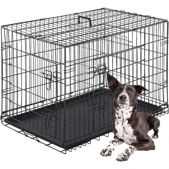 Dog Crate for Large Dogs 42 Inch Folding Metal WirePet Cage Double Door W Divider Panel Indoor Outdoor Kennel LeakProof Plastic TrayBlack
