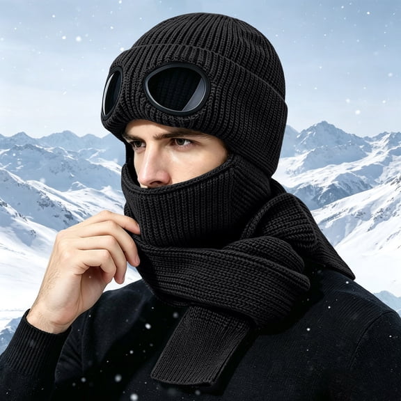 HuangHuanChen Beanies for Men With Scarf Set Knit Hats Integrated Ear Windproof Cap Cap For Ski Travel Windproof Cap Stretchy Winter Warm Hat Set One Size