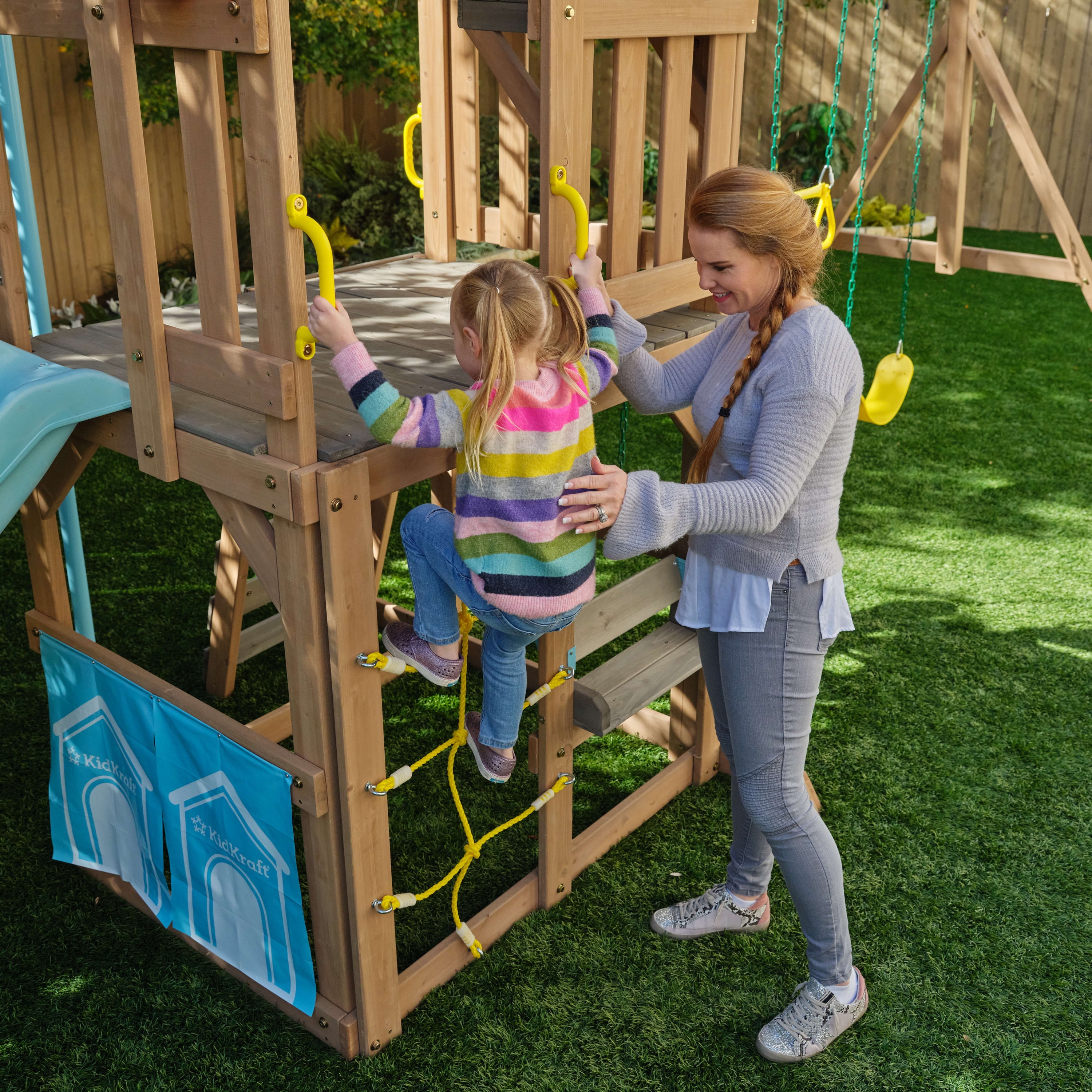 KidKraft Modern Outdoor Wooden Swing Set / Playset with Fireman's Pole, Reversible Bench