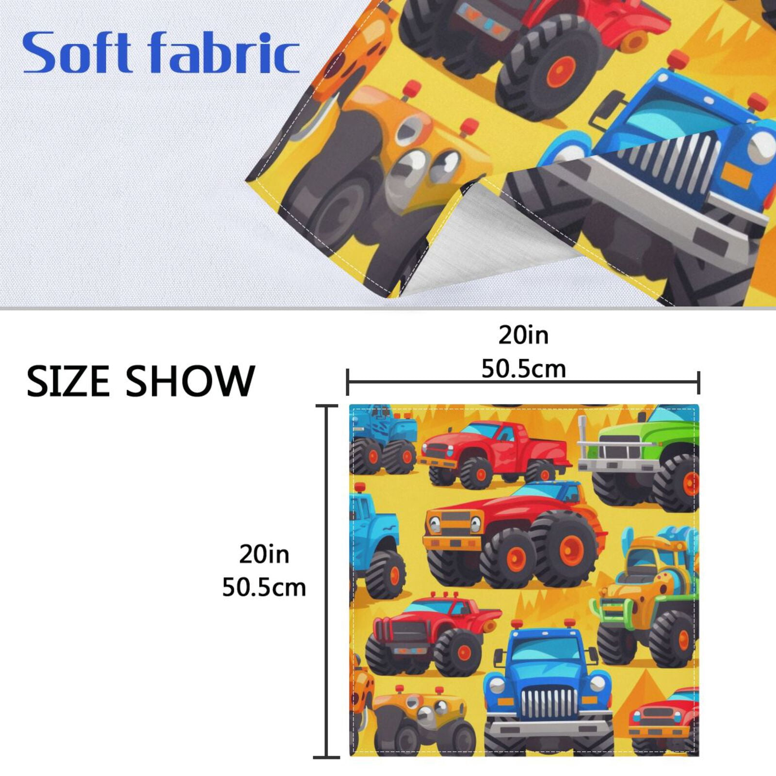 JSTEL Cartoon Trucks Cloth Napkins Set of 6, 20x20 Inch Washable and Reusable Napkin for Decoupage Dinner Party Everyday Use