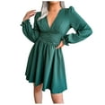 thumbnail image 2 of Fesfesfes Spring Dresses for Women V Neck Long Sleeve Party Dress Casual Solid Color Pleated Dress Knee Length Swing Sun Dress, 2 of 8