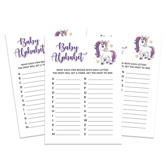 InkdotpotPack of 50,GirlBabyShower Party Collection, Baby ABC Game,Fun Baby Shower Party Games, Activities, Decorations,Unicorn ThemeParty Supplies-a